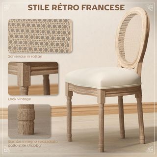 Set di 2 sedie per soggiorno in stile vintage con schienale traforato, in legno e tessuto, 49X56X96Cm, bianco crema