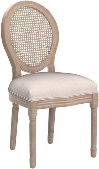 Set di 2 sedie per soggiorno in stile vintage con schienale traforato, in legno e tessuto, 49X56X96Cm, bianco crema