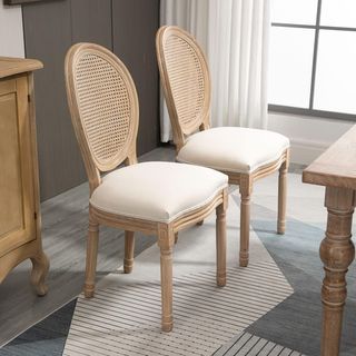 Set di 2 sedie per soggiorno in stile vintage con schienale traforato, in legno e tessuto, 49X56X96Cm, bianco crema