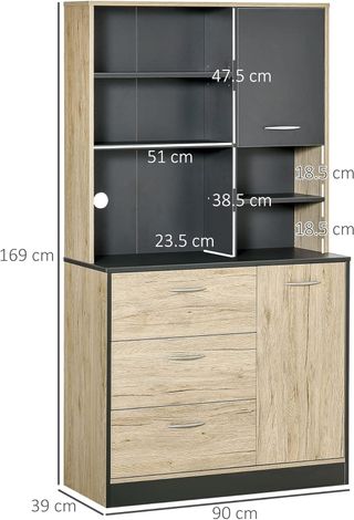 Mueble Cocina Credenza Moderna Ahorra Espacio Con 2 Armarios 3 Cajones 3 Estantes Madera 90 X 39 X 169Cm Color Gris Roble Claro