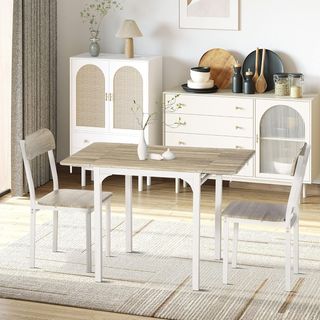 Conjunto de Mesa de Comedor para 2 Personas, Mesa Plegable de Madera y Metal con 2 Sillas de Comedor para Cocina y Salón, Madera Natural