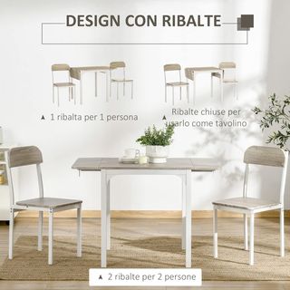 Conjunto de Mesa de Comedor para 2 Personas, Mesa Plegable de Madera y Metal con 2 Sillas de Comedor para Cocina y Salón, Madera Natural