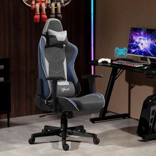 Silla De Gaming Ergonómica Con Reposabrazos, Reposacabezas Y Altura Regulable, Silla Gaming Oficina Reclinable En Tejido Efecto Lino Con Función Balanceo, Soporte Lumbar, Azul