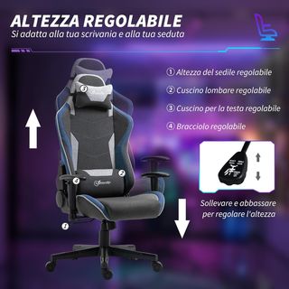 Silla De Gaming Ergonómica Con Reposabrazos, Reposacabezas Y Altura Regulable, Silla Gaming Oficina Reclinable En Tejido Efecto Lino Con Función Balanceo, Soporte Lumbar, Azul