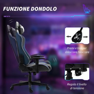 Silla De Gaming Ergonómica Con Reposabrazos, Reposacabezas Y Altura Regulable, Silla Gaming Oficina Reclinable En Tejido Efecto Lino Con Función Balanceo, Soporte Lumbar, Azul