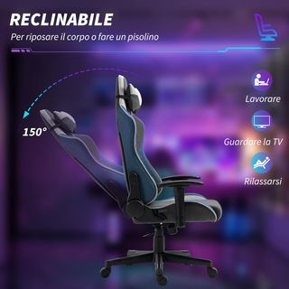 Silla De Gaming Ergonómica Con Reposabrazos, Reposacabezas Y Altura Regulable, Silla Gaming Oficina Reclinable En Tejido Efecto Lino Con Función Balanceo, Soporte Lumbar, Azul