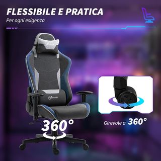 Silla De Gaming Ergonómica Con Reposabrazos, Reposacabezas Y Altura Regulable, Silla Gaming Oficina Reclinable En Tejido Efecto Lino Con Función Balanceo, Soporte Lumbar, Azul