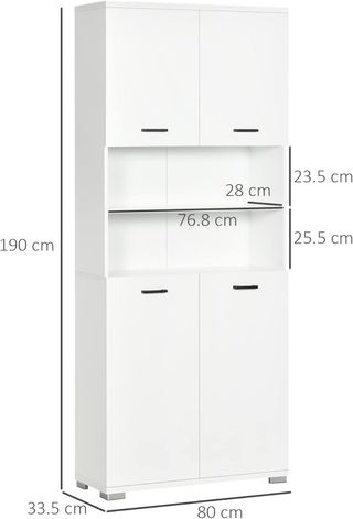 Mueble de Baño en Aglomerado Blanco Con 2 Armarios Con Puertas Y 2 Estantes Abiertos, Diseño Antivuelco, 80X33.5X190 Cm