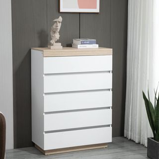 Cómoda de 5 Cajones de Madera, Cómoda para Dormitorio con Dispositivo Antivuelco, 80X40X109 Cm, Blanco y Roble