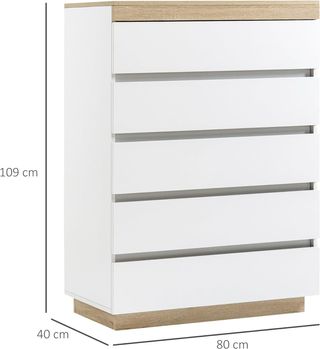 Cómoda de 5 Cajones de Madera, Cómoda para Dormitorio con Dispositivo Antivuelco, 80X40X109 Cm, Blanco y Roble