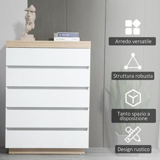 Cómoda de 5 Cajones de Madera, Cómoda para Dormitorio con Dispositivo Antivuelco, 80X40X109 Cm, Blanco y Roble