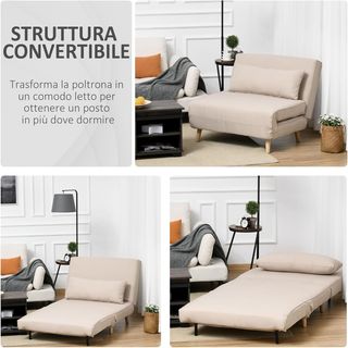 Sillón Cama 3 en 1 Con Respaldo Reclinable en 6 Posiciones y 4 Patas Retráctiles, Sillón Cama Individual en Tejido Efecto Lino Transpirable, 94X78X80 Cm, Beige