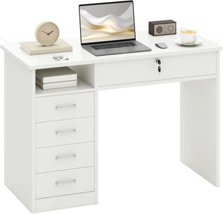 Escritorio para Oficina y Habitación, Escritorio para PC y Computadora, de Madera con 5 Cajones, Mesa de Trabajo, 2 Llaves, Moderna, 110X50X76Cm, Blanco