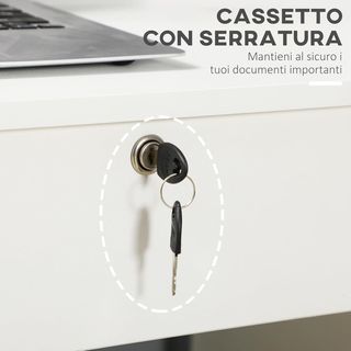 Escritorio para Oficina y Habitación, Escritorio para PC y Computadora, de Madera con 5 Cajones, Mesa de Trabajo, 2 Llaves, Moderna, 110X50X76Cm, Blanco