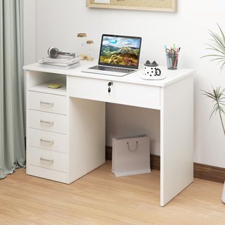 Escritorio para Oficina y Habitación, Escritorio para PC y Computadora, de Madera con 5 Cajones, Mesa de Trabajo, 2 Llaves, Moderna, 110X50X76Cm, Blanco