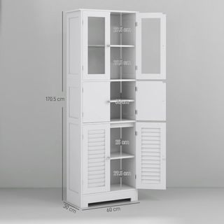 Mueble Columna Baño Con 3 Armarios de 2 Puertas, Mueble Multiusos Con Puertas de Vidrio y Persiana, 60X30X170.5Cm, Blanco