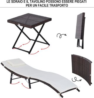 Conjunto de 2 Tumbonas Plegables, Sillas de Jardín de Rattan con Cojines Extraíbles y Lavables y Mesa Plegable, Crema