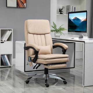 Sillón Masajeador De Oficina, Altura Ajustable Y Reclinable En Piel PU, 67X69X106.5-114.5Cm Beige