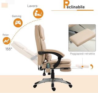Sillón Masajeador De Oficina, Altura Ajustable Y Reclinable En Piel PU, 67X69X106.5-114.5Cm Beige