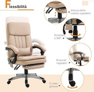 Sillón Masajeador De Oficina, Altura Ajustable Y Reclinable En Piel PU, 67X69X106.5-114.5Cm Beige