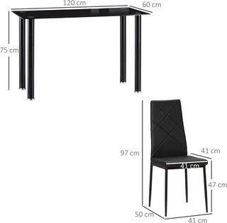 Set da Pranzo con 4 Sedie, Tavolo Rettangolare in Vetro Temperato e Acciaio e Sedie Imbotti con Alto Schienale per Cucina e Soggiorno, Nero