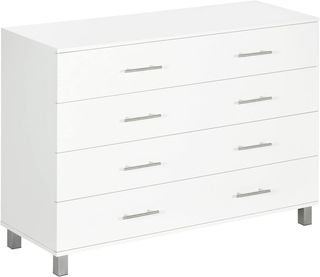 Cómoda de 4 Cajones para Dormitorio, Mueble Multiusos para Sala de Estar y Entrada con Manijas de Metal, Blanco