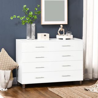 Cómoda de 4 Cajones para Dormitorio, Mueble Multiusos para Sala de Estar y Entrada con Manijas de Metal, Blanco