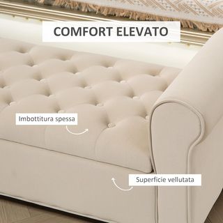 Banco de dormitorio con compartimento y brazos enrollados, banco de fondo de cama acolchado en tejido efecto terciopelo, para entrada y sala de estar, 126X48.5X57 cm, beige