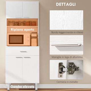 Credenza Alta De Cocina, Mueble Clásico Blanco De Madera Con 2 Armarios Y 1 Estante, Blanco, 60X40X160Cm