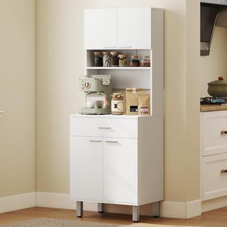 Credenza Alta De Cocina, Mueble Clásico Blanco De Madera Con 2 Armarios Y 1 Estante, Blanco, 60X40X160Cm