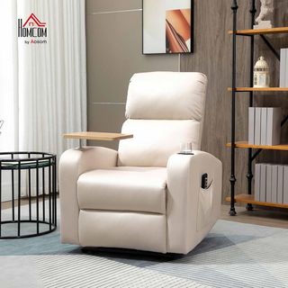 Sillón Relax Eléctrico, Sillón Masajeador Reclinable Con Portavasos, Mando A Distancia, Reposapiés, Temporizador, Mesa Giratoria Y Bolsillos Laterales, en Microfibra, Madera Y Acero, Beige