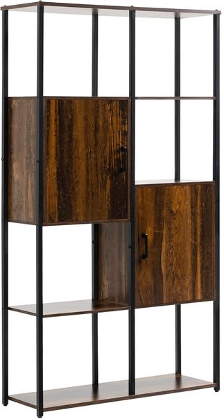 Librería Moderna Estilo Industrial Con 4 Estantes Y 2 Armarios, Estante de Metal Y Madera para Casa Y Oficina, 90X30X159.5Cm, Negro Y Marrón