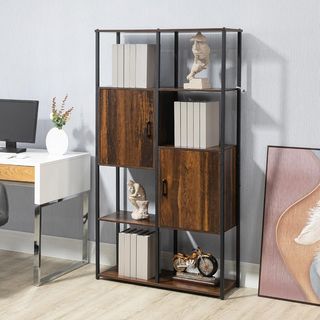 Librería Moderna Estilo Industrial Con 4 Estantes Y 2 Armarios, Estante de Metal Y Madera para Casa Y Oficina, 90X30X159.5Cm, Negro Y Marrón