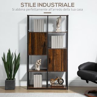 Librería Moderna Estilo Industrial Con 4 Estantes Y 2 Armarios, Estante de Metal Y Madera para Casa Y Oficina, 90X30X159.5Cm, Negro Y Marrón
