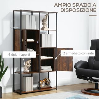 Librería Moderna Estilo Industrial Con 4 Estantes Y 2 Armarios, Estante de Metal Y Madera para Casa Y Oficina, 90X30X159.5Cm, Negro Y Marrón