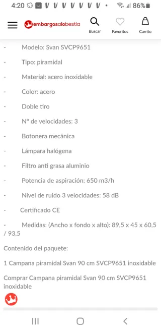 Campaña inox 3 velocidades, 90 cmts