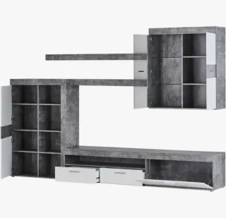 Mueble de salón y TV gris y blanco