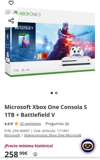 Xbox One S 1TB Battlefield V Consola (sin mando)