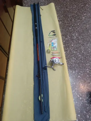 Caña de pescar, carrete y accesorios