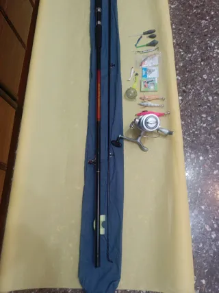 Caña de pescar, carrete y accesorios