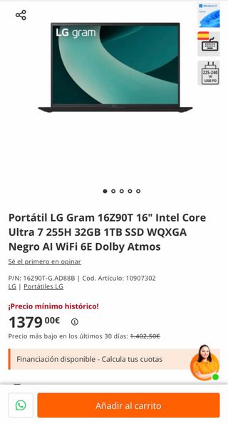 Portátil LG Gram 16Z90T i7/32GB/1TB 16”