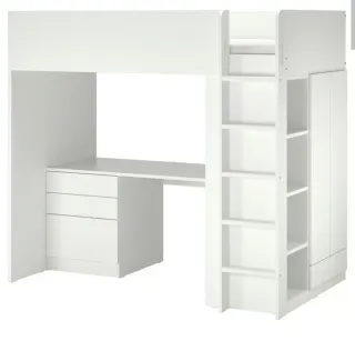 Cama alta blanca con escritorio y armario