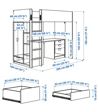 Cama alta blanca con escritorio y armario