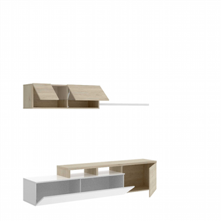 Mueble de Salón 200 cm. Blanco Brillo y Nature