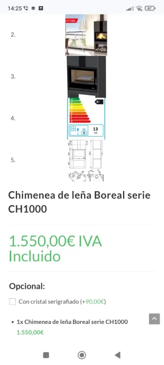 Chimenea leña de  diseño Boreal, gratis accesorios