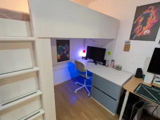 Cama alta con escritorio y estanterías Ikea.