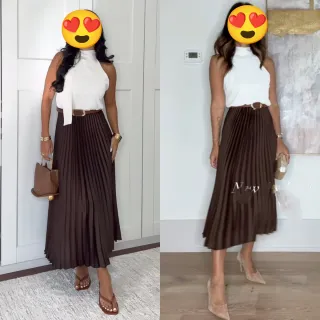 Vestido midi combinado plisado marrón y blanco