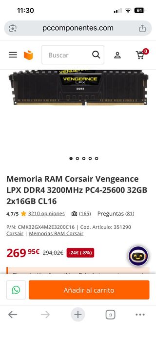 2Memoria RAM Corsair Vengeance LPX DDR4 32GB 2x16G