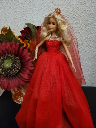 Muñeca Barbie Vestido Rojo Novia Velo