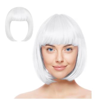 Peluca Corta Blanca con Flequillo Estilo Bob